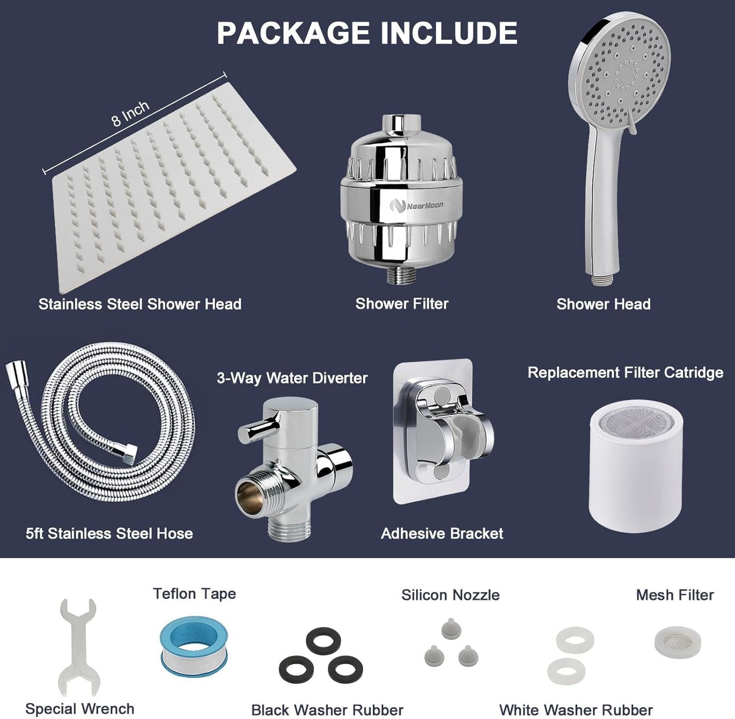 ™ High Pressure Filtered Showerhead With Self-Adhesive Holder and FREE FILTER